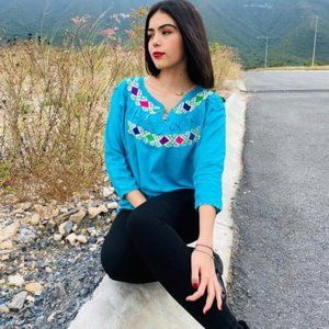 Mexican Embroidered Blouse (3/4 Sleeve) - Medium/One Size - Blue